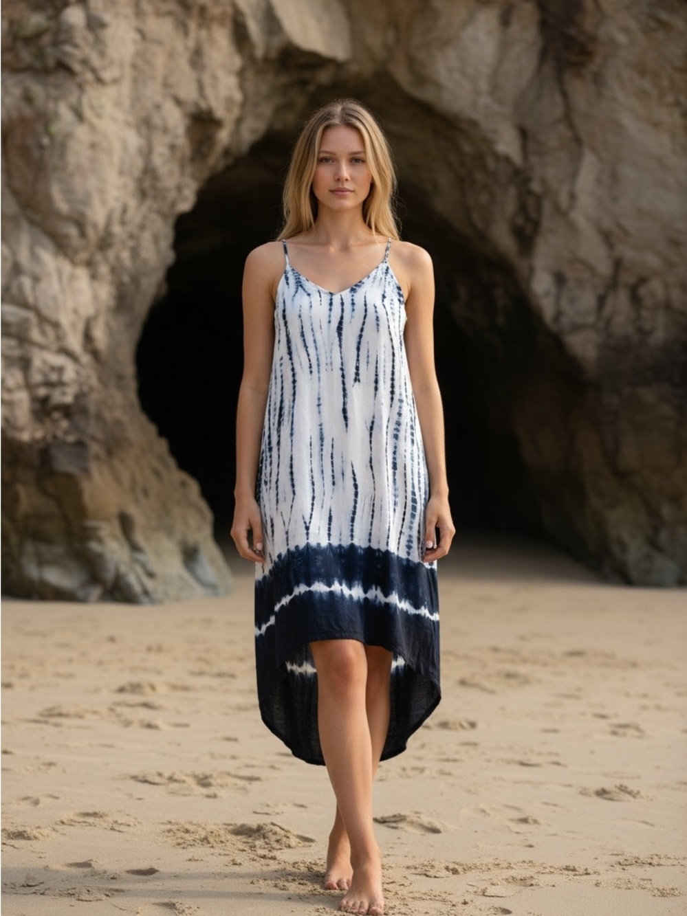 cloth & stone White and Navy Tie-Dye Asymmetrical Slip Dress
